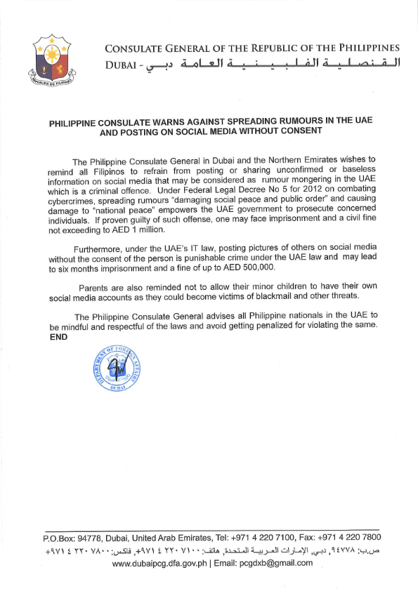 spreading rumors social media press release UAE Philippine consulate