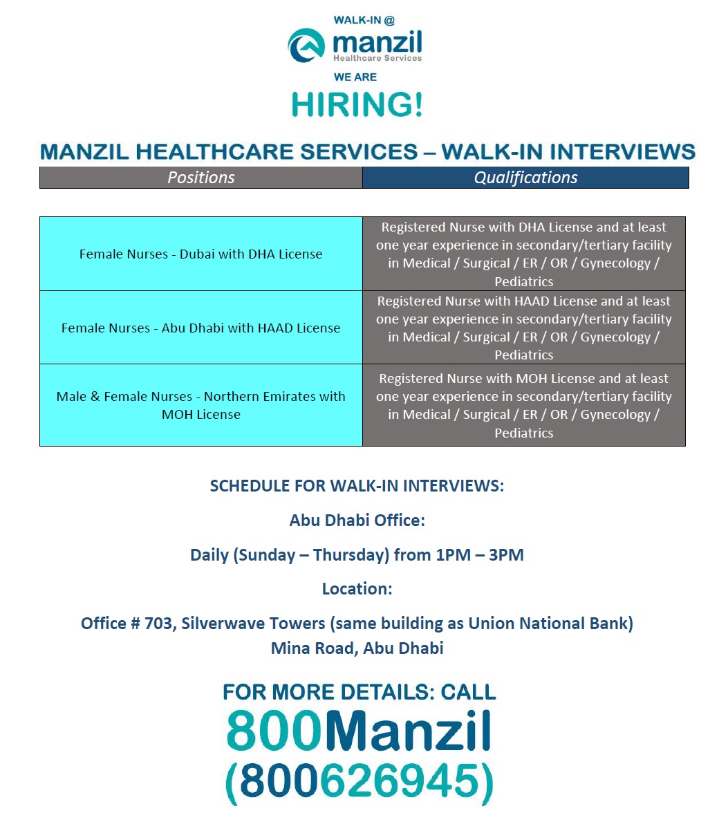 job alert manzil health walk in interview uae