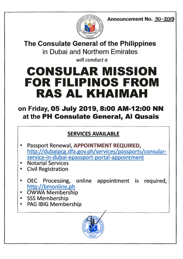 Pcg Dubai To Hold Consular Mission For Filipinos Residing In Ras Al Khaimah Dubai Ofw 2320