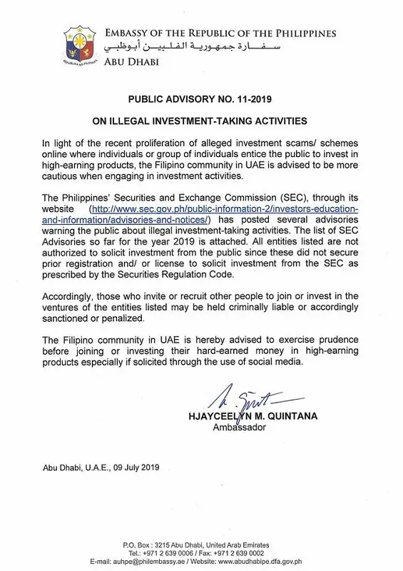 ADVISORY Filipinos Warned Against 33 Illegal Investment Activities