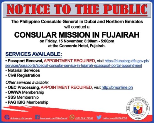 Pcg Dubai To Hold Consular Mission In Fujairah On 15th Nov 2019 Dubai Ofw 5844