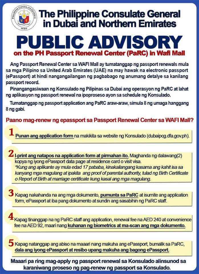 renew ph passport in WAFI Mall Dubai PaRC - Tagalog