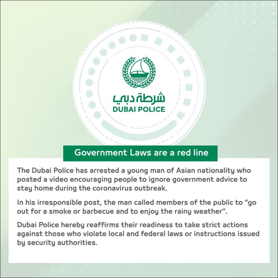 dubai police arrest asian man stay home rule