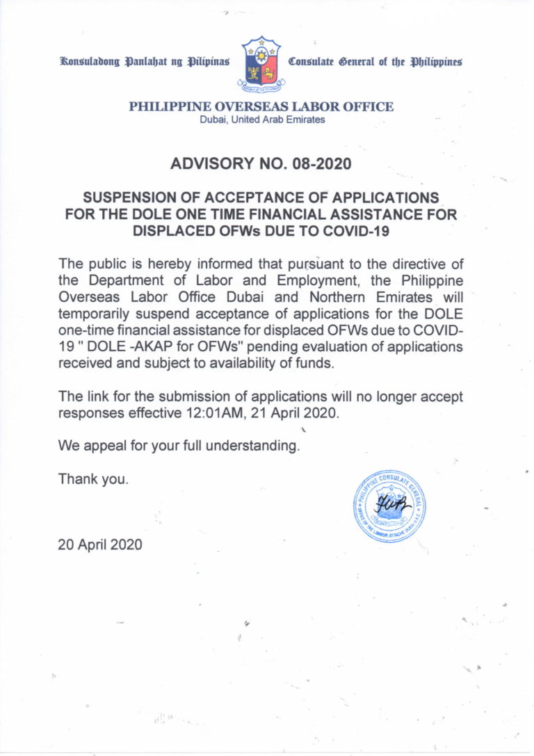 advisory dole cash aid suspended