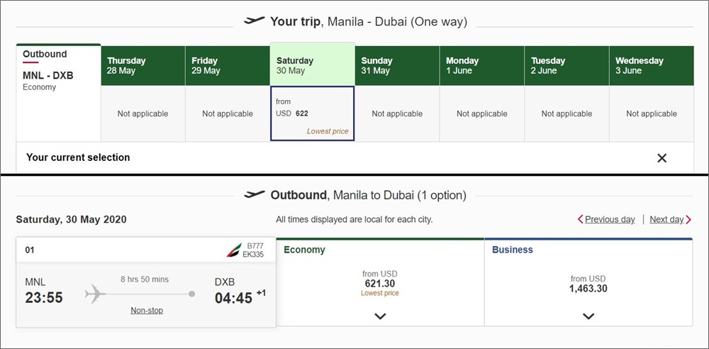 emirates website screenshot manila to dubai