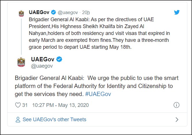 tweet from uae visa fines waived