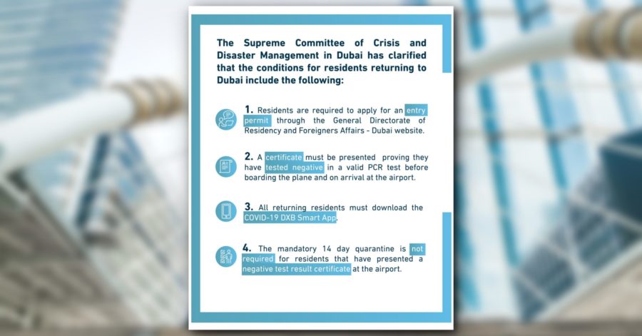 Dubai Releases List of Requirements for Returning Residents; Quarantine No Longer Mandatory if Negative from Covid-19 Test