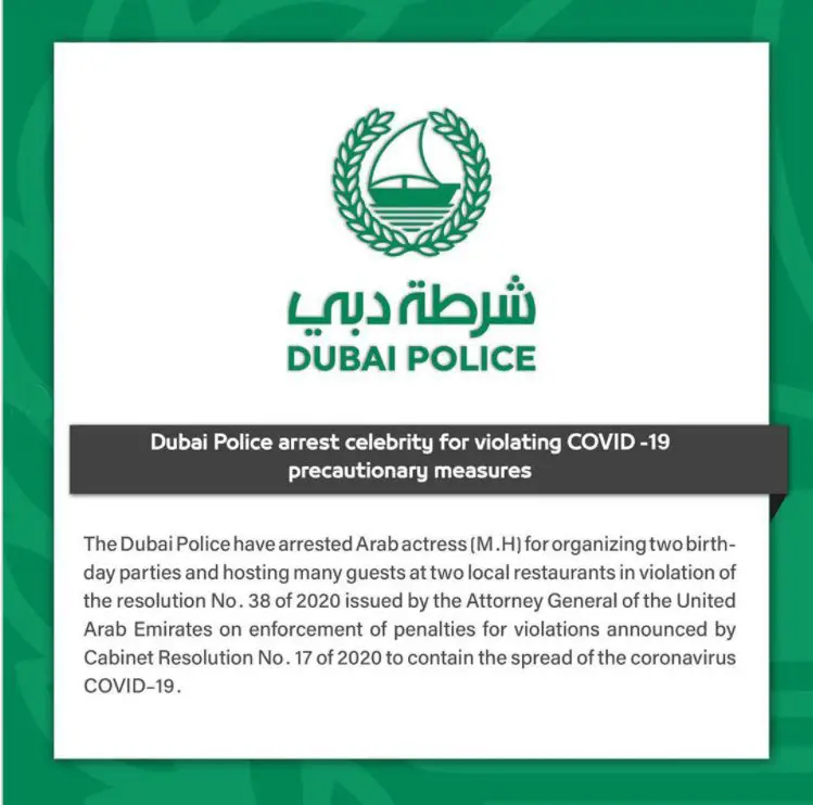 dubai police arrest arab celebrity organizing party covid