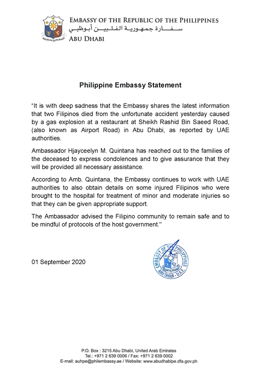 Two Filipinos Among Casualties in Gas Leak Accident in Abu Dhabi - Philippine Embassy