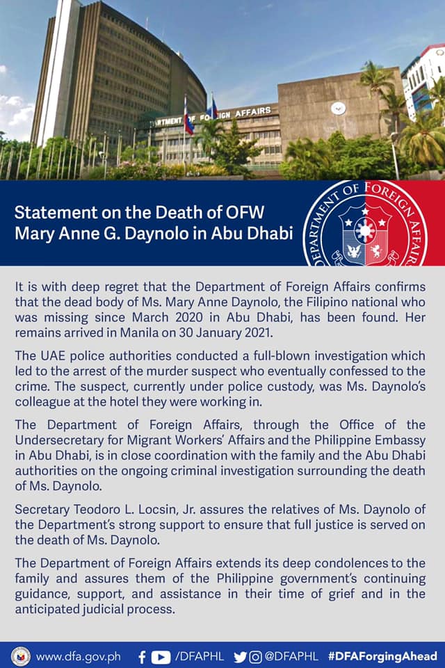 statement abu dhabi ofw death from DFA
