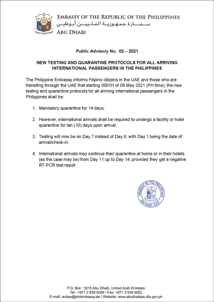 PH Embassy UAE Advisory 14Day Mandatory Quarantine for Travellers to