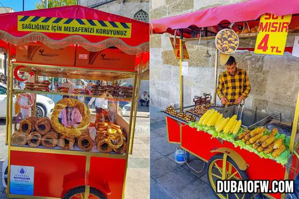 Turkish bagel and food cart selling grilled corn and chestnuts