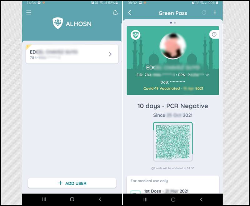 green pass status al hosn app after seha pcr test
