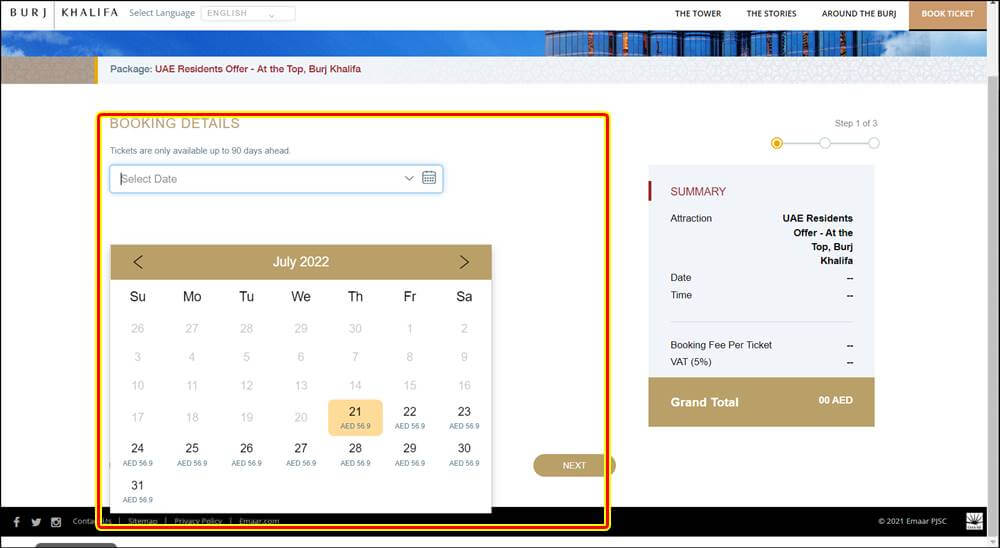choose dates of at the top burj khalifa ticket entry