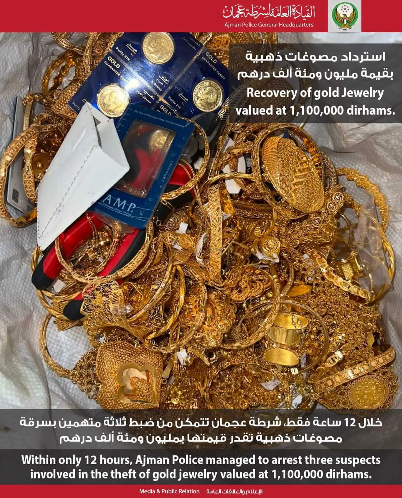 ajman police seize robbers gold worht 1.1 Million Dirhams