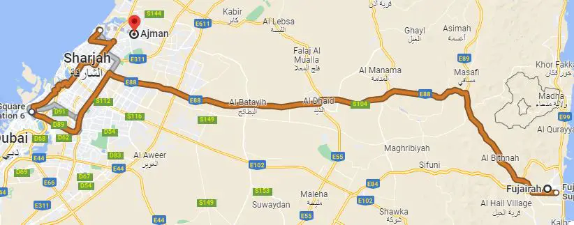fujairah to ajman map