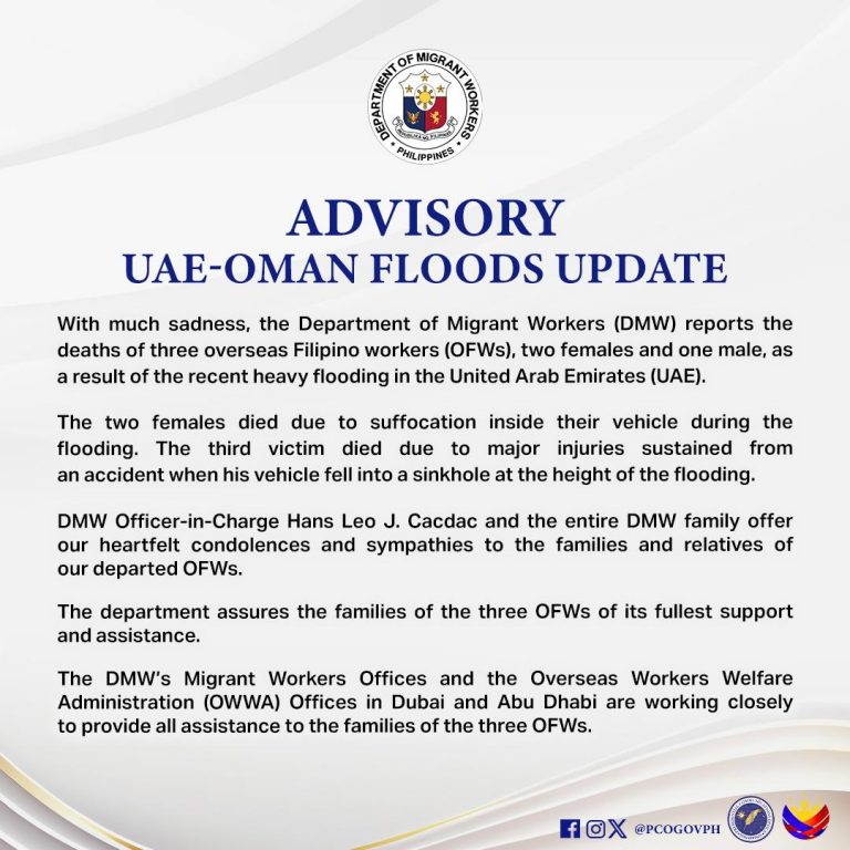 3 OFWs Dead Due to Severe Flooding in UAE – DMW | Dubai OFW