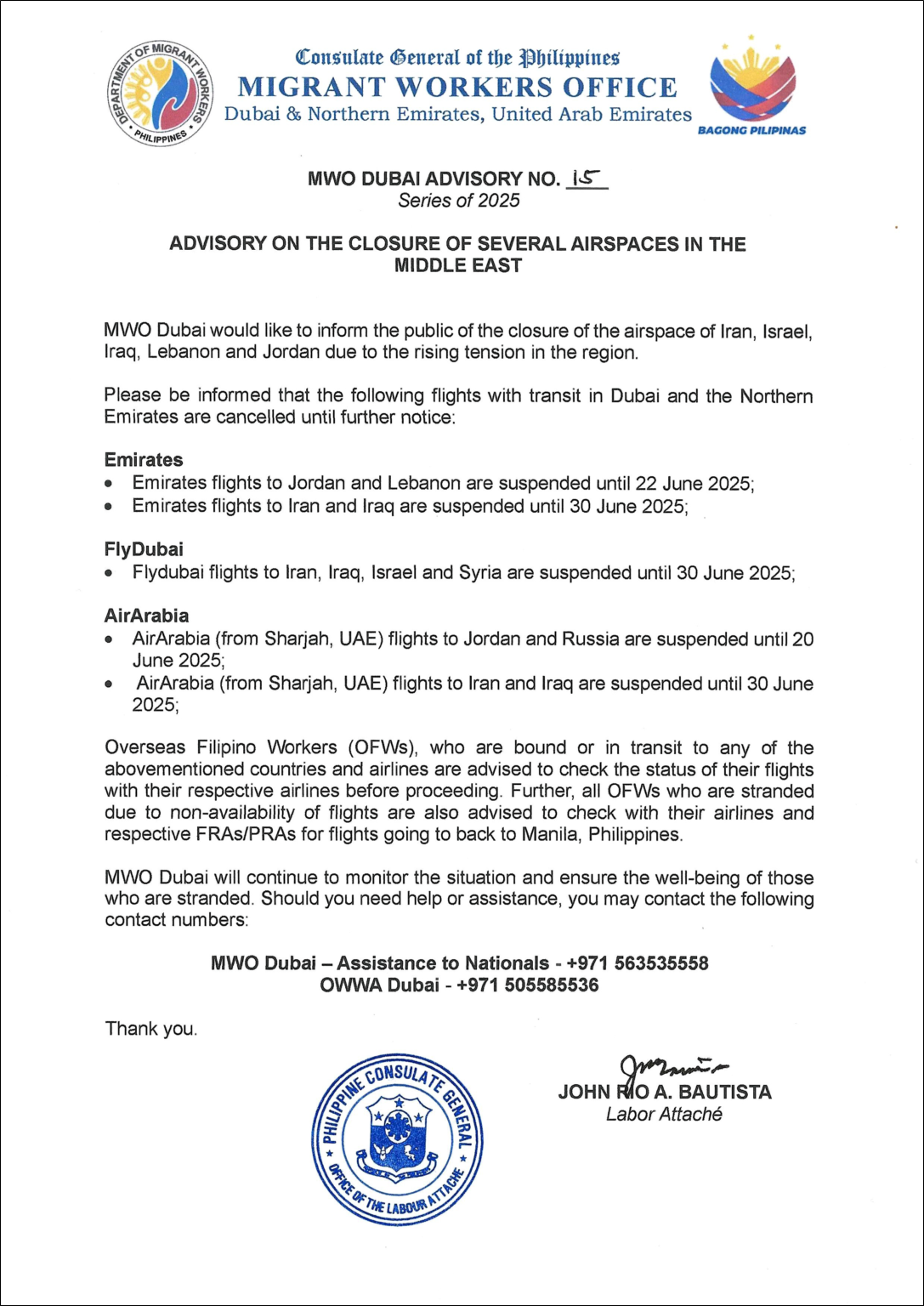 MWO Dubai advisory on closure of travel air space in Middle East