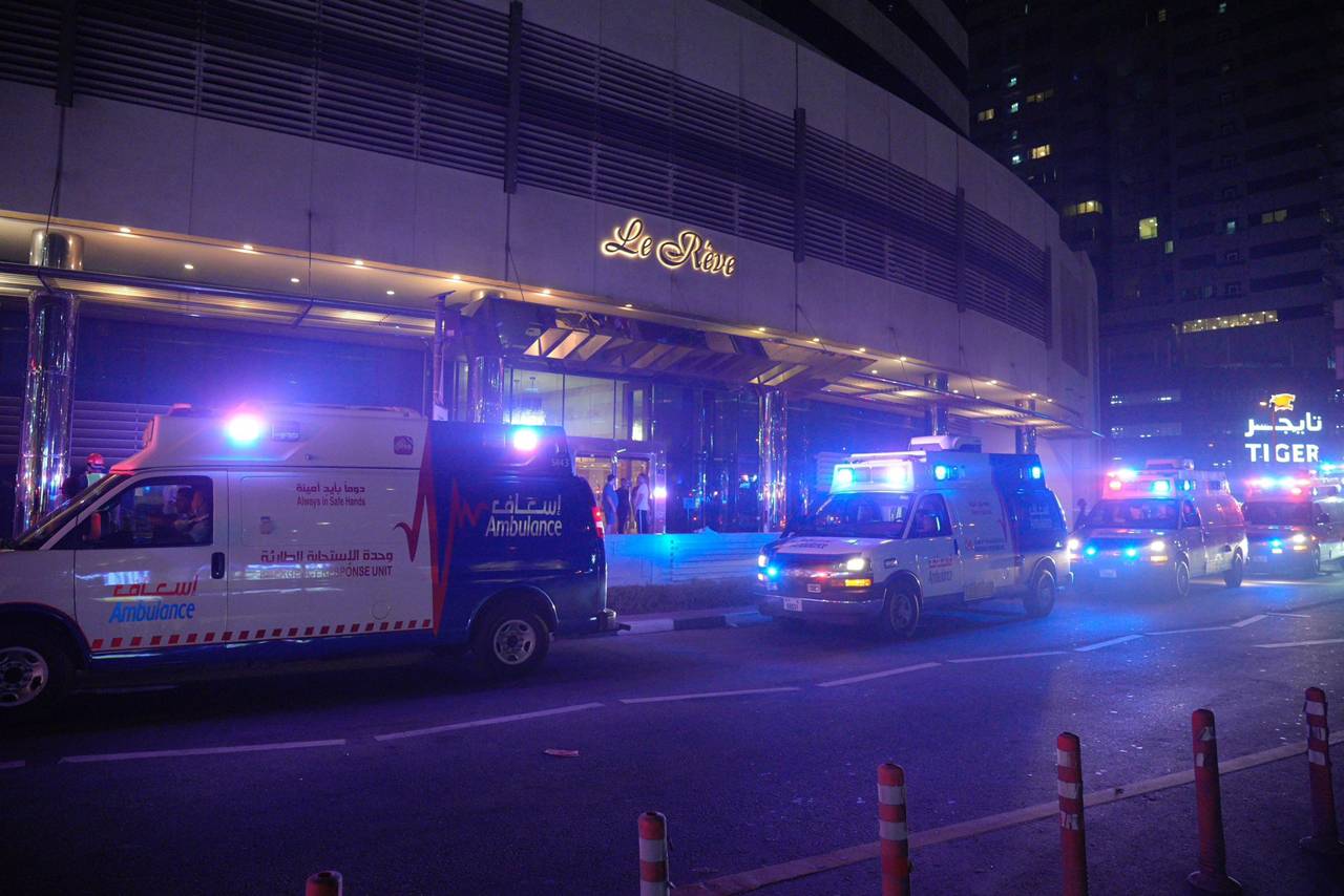 ambulance teams dubai marina high rise building fire