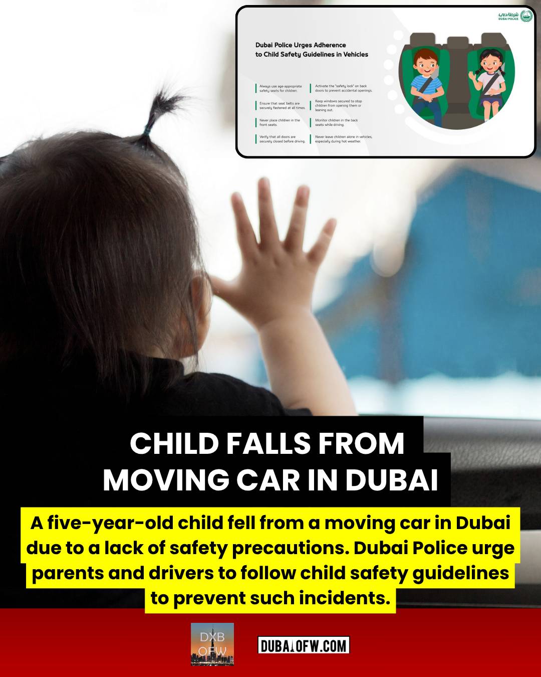 child falls from moving car in dubai - dubai police reminds of safety precautions