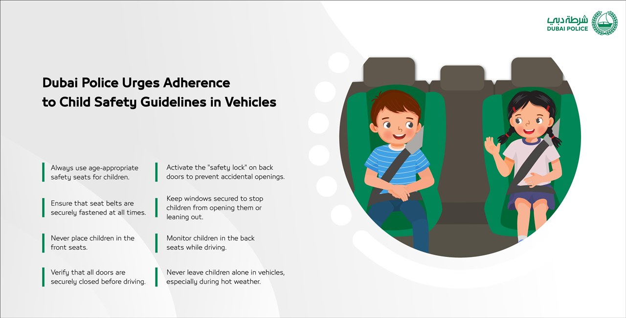 dubai police reminds drivers to have child safety and securely in car seats