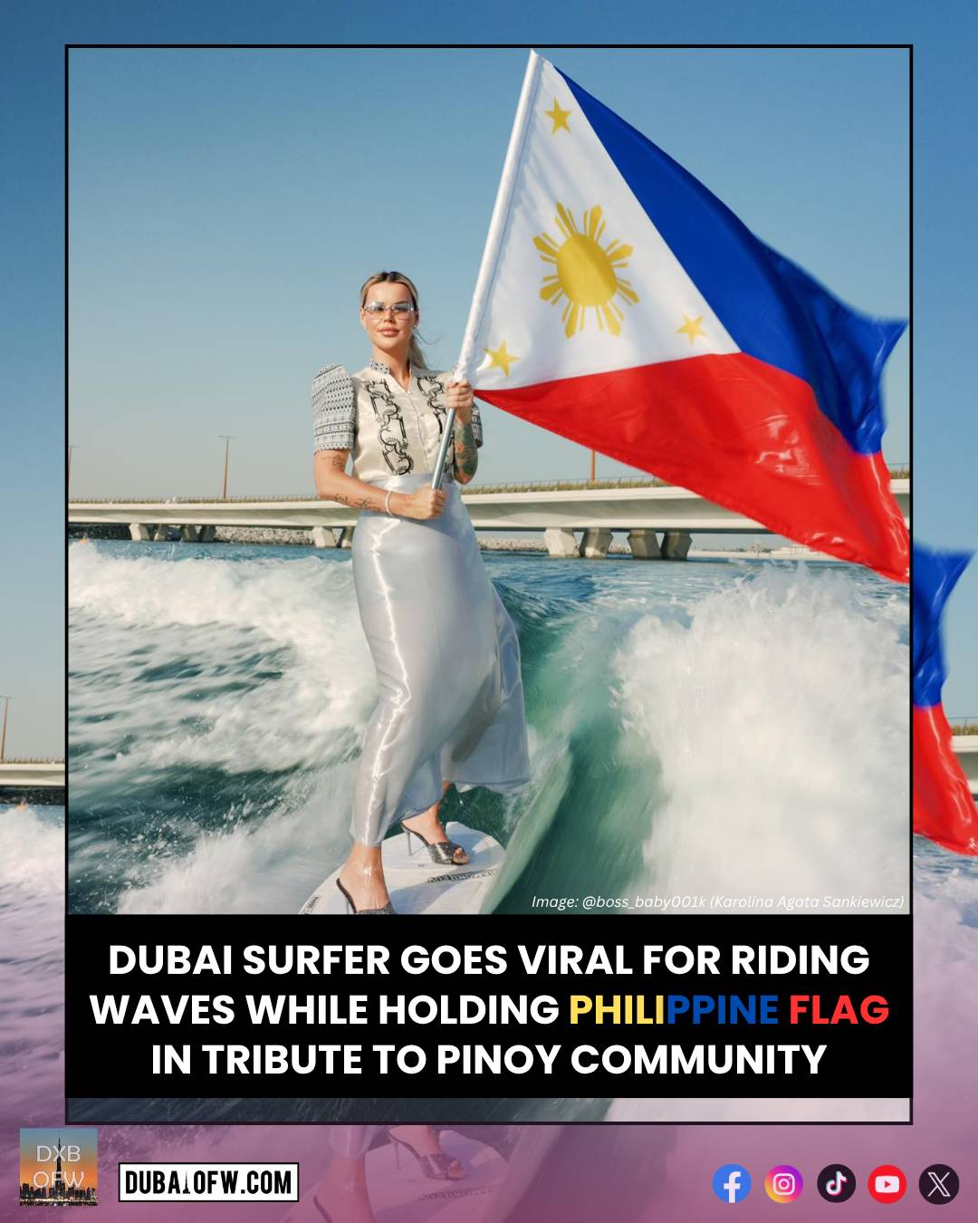 dubai surfer carries philippine flag and wear filipiniana dress viral content creator
