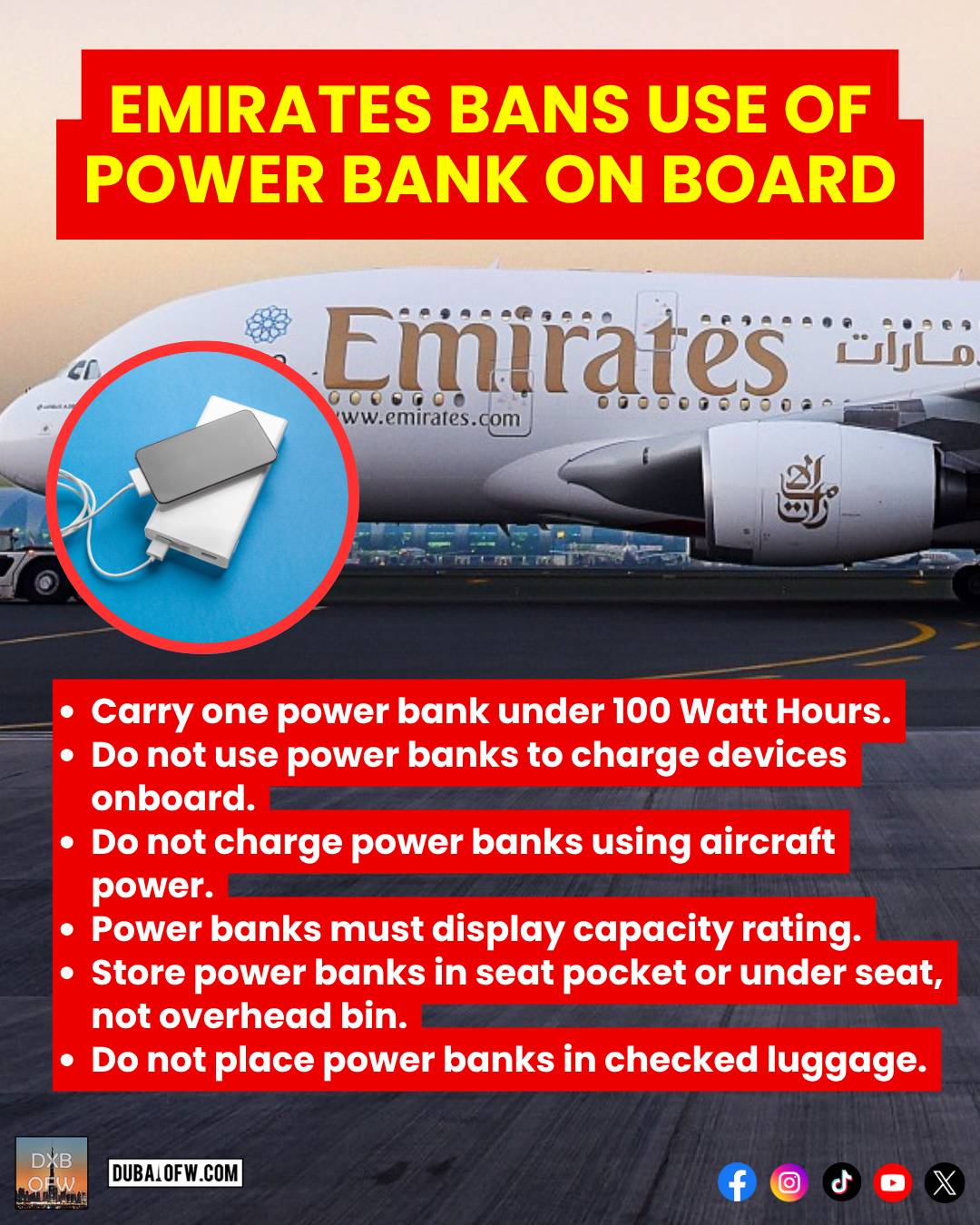Emirates ban on power banks usage on board and new rules