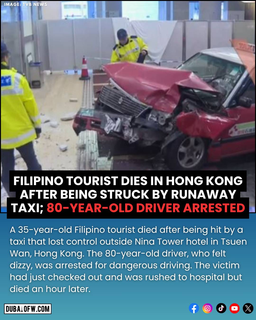 Filipino Tourist Dies in Hong Kong After Being Struck by Runaway Taxi; 80-Year-Old Driver Arrested