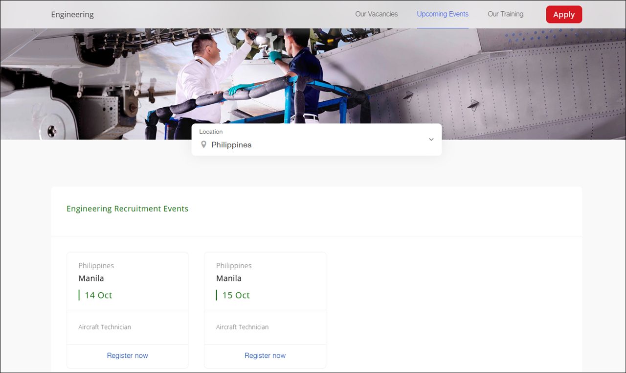 screenshot to apply for ek technician aircraft in manila events emiratees