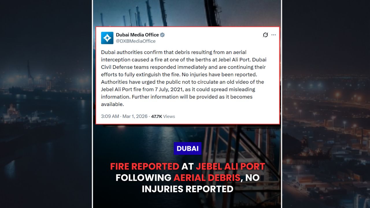 fire reported at jebel ali port following aerial debris