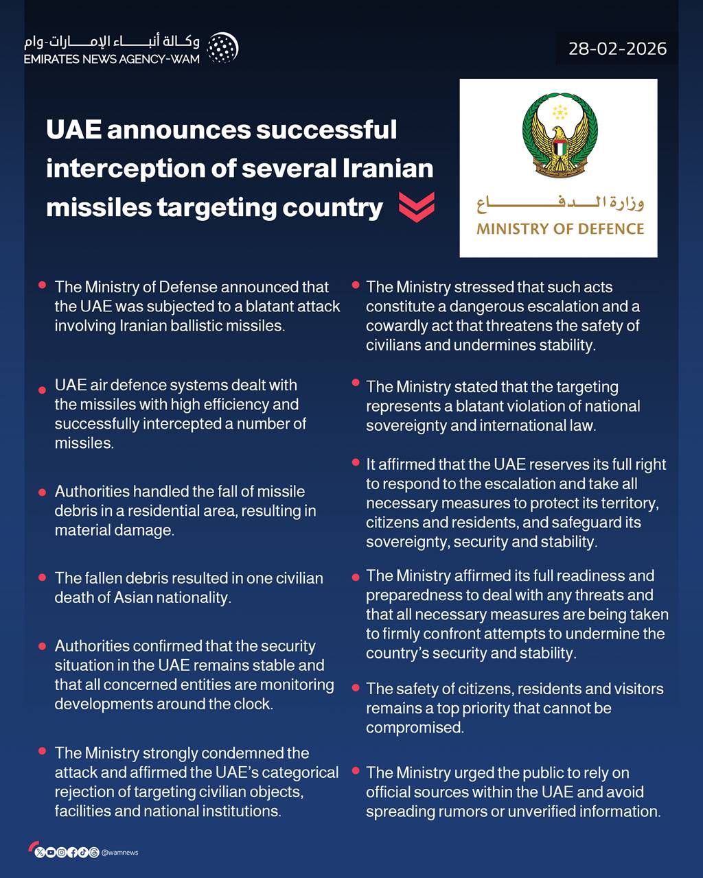 uae announces several iranian missiles intercepted successfully