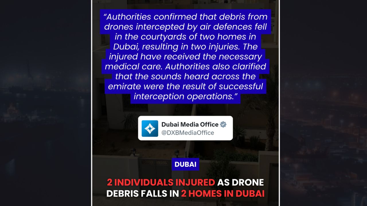 debris from drone fall in 2 homes 2 individuals injured dubai