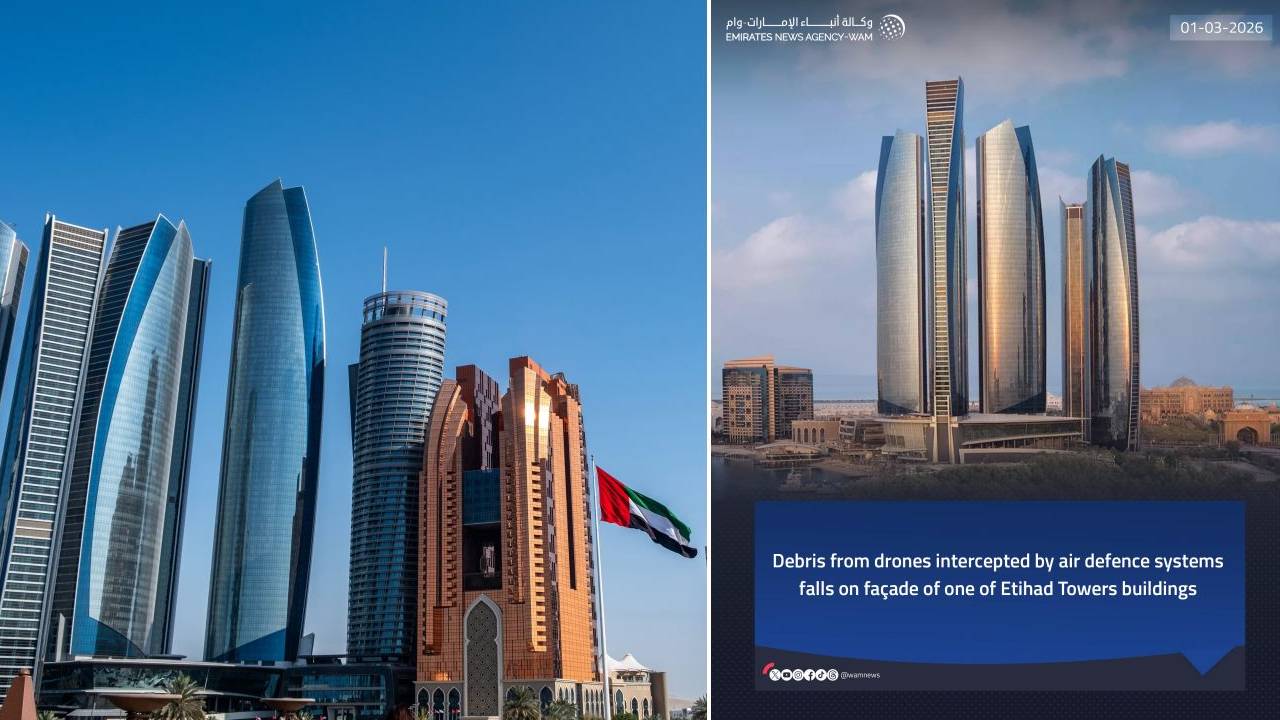 drone debris intercepted falls on etihad towers buildings
