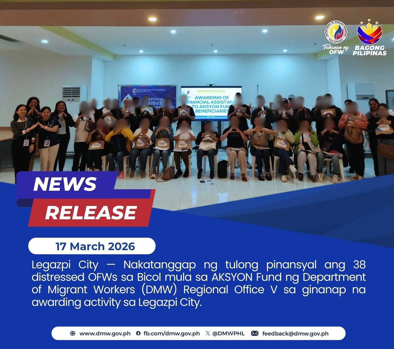 legazpi city ofws in distress receive financial aid from philippines