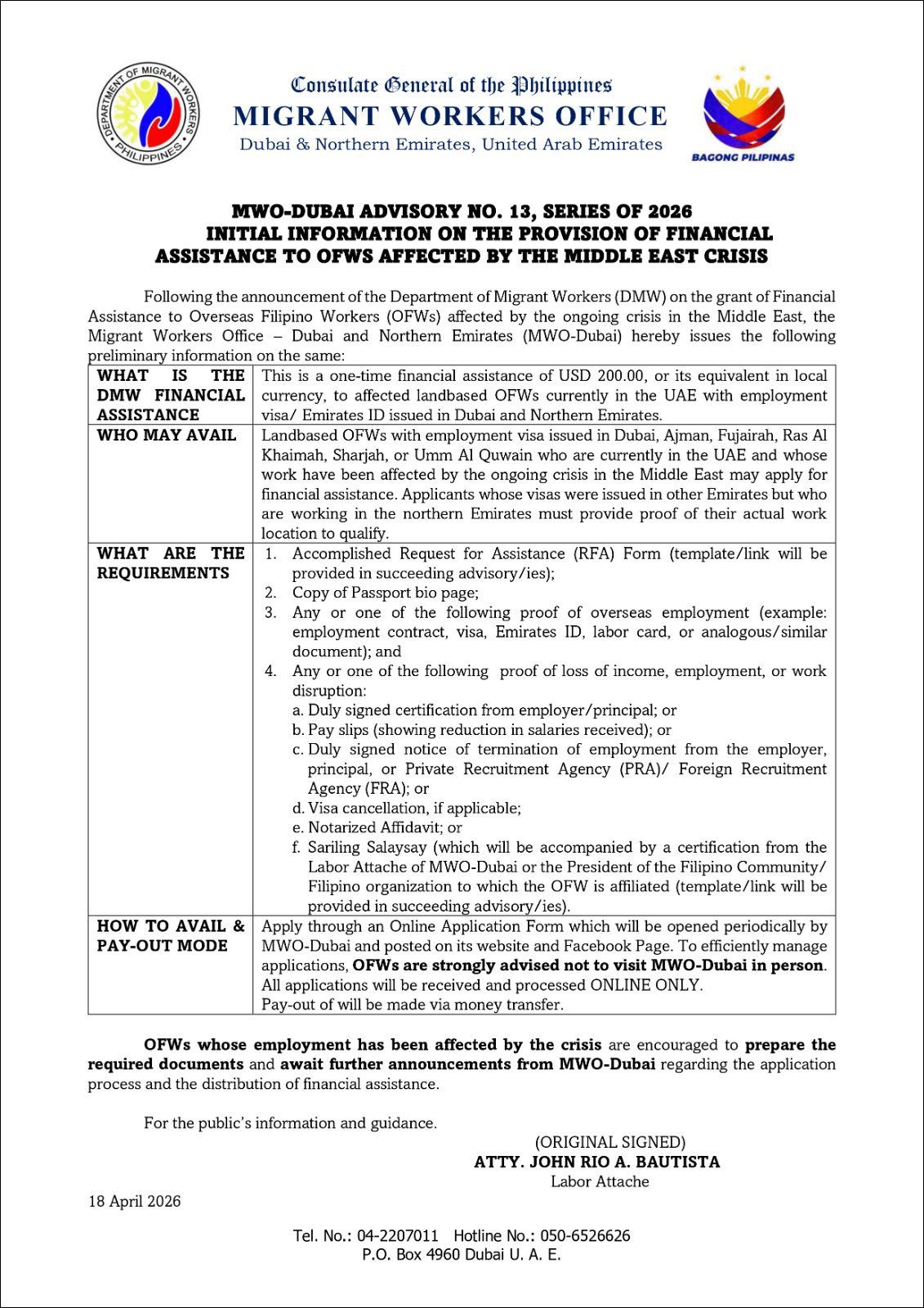 mwo dubai shares requirements and procedure to claim 200 USD financial assistance to filipinos in Dubai and Northern Emirates